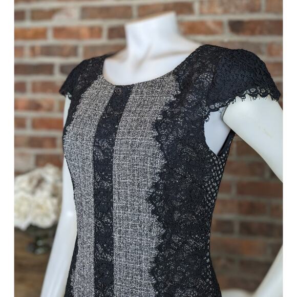 Betsey Johnson Sheath Dress 6 Gray Black Tweed Cap Sleeve Lace Trim Cocktail - Picture 2 of 7